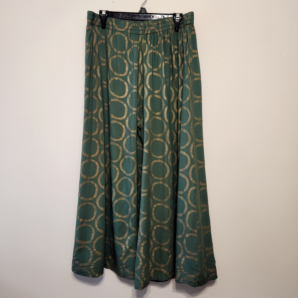 Utsa Green Wide-Leg Palazzo Pants with Gold Circle Pattern